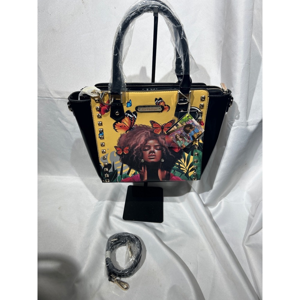 La Philipe Miami Butterfly Graphic Satchel Handbag Yellow Black Studded NWT